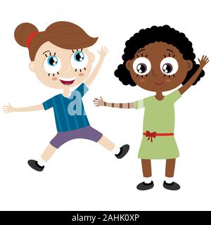 EPS10 file vettoriali che mostrano felici i bambini con diversi colori di pelle, ragazze ridendo, salto, giocare e divertirsi insieme Illustrazione Vettoriale