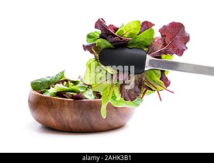 Pinze con mix di foglie di insalata isolato su bianco Foto Stock