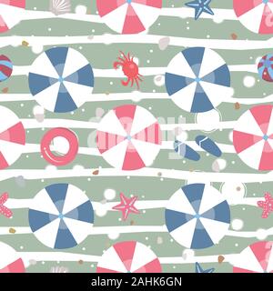 Spiaggia Seamless Pattern con ombrelloni, granchio, anello di gomma, ecc. Illustrazione Vettoriale Illustrazione Vettoriale
