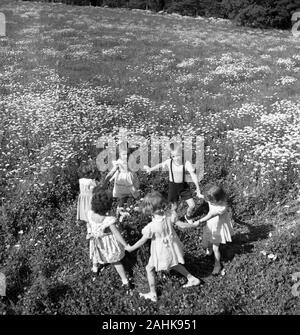 Elevato angolo di visione dei bambini tenendo le mani in cerchio nel campo di fiori selvatici, fotografia di Toni Frissell, 1948 Foto Stock