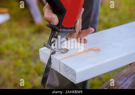 Primo piano di un seghetto con cui il falegname taglia i fori nell'elemento  da cucina, nonché di un piano di lavoro in legno Foto stock - Alamy