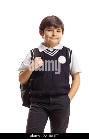 Scolaro in un uniforme in posa isolati su sfondo bianco Foto Stock