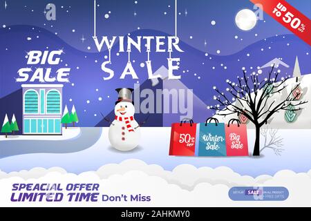 Realistico Inverno vendita modello di pagina di intestazione con borsa da shopping & Babbo Natale Illustrazione Vettoriale