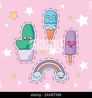 Cartoni animati icon set design, Kawaii espressione carattere simpatico e divertente il tema di emoticon illustrazione vettoriale Illustrazione Vettoriale