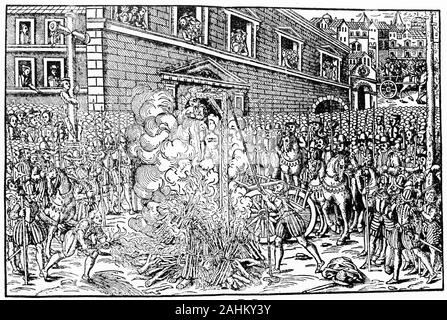 Incisione del magistrato protestante Anne du Bourg (1521-1559) torturati e impiccati dai cattolici nel luogo Saint-Jean en Greve, Parigi, 21.12.1559. du Bourg era un magistrato francese e nipote del cancelliere Antoine du Bourg. Foto Stock