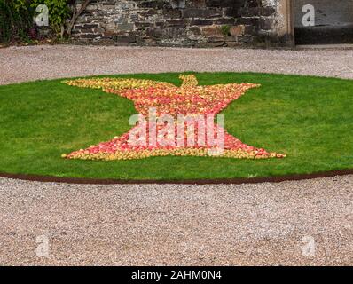 Tavistock, Regno Unito - 29 Settembre 2019: molti di rosso e di giallo mele formando la forma di una mezza mangiata Apple su un sfondo di erba Foto Stock