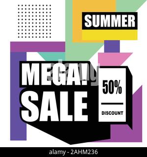 Vendita memphis stile banner web modello. Moda e sconto di viaggio poster. Vettore colorato di vacanza con offerte speciali e promozioni. Illustrazione Vettoriale