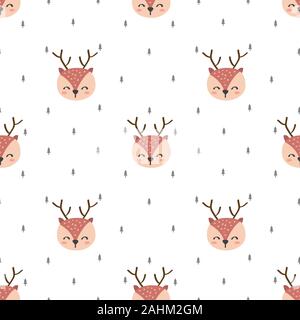 Disegnata a mano del cervo carino con seamless pattern in uno sfondo bianco Illustrazione Vettoriale