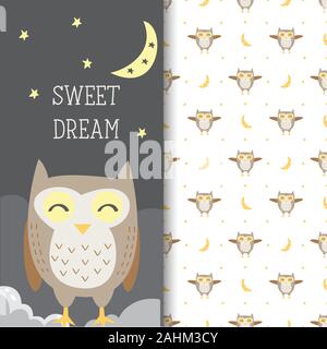 Disegnata a mano immagine del gufo carino con seamless pattern nello sfondo bianco Illustrazione Vettoriale
