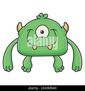 Happy green goblin cyclops cartoon monster isolato su bianco Illustrazione Vettoriale