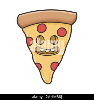 Creepy sorridente un trancio di pizza cartoon isolato su bianco Illustrazione Vettoriale