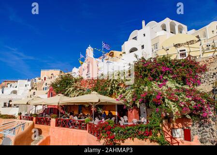 Colorati fiori di Bouganville con edifici tradizionali in Oia - Santorini, Grecia Foto Stock