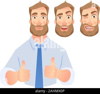 Imprenditore mostrano il pollice verso l'alto. Uomo di affari vettore di caratteri set. Illustrazione Vettoriale