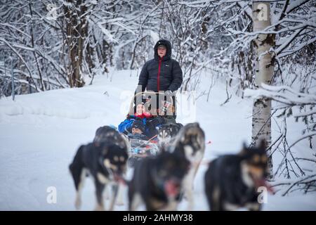 Il finlandese Rovaniemi una città in Finlandia e la regione della Lapponia Santa Park di cani husky ride Foto Stock