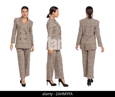 Professional in grigio tuta checkr imprenditrice a piedi anteriori, vista laterale posteriore, isolato su bianco Foto Stock