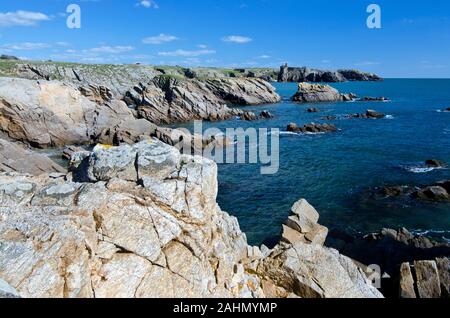 Rocky selvatica costa del sud dell'isola di Yeu, rovine del vecchio castello a sfondo di tariffa. Francia, Vendee, Pay de la Loire Foto Stock