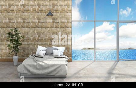 camera da letto in stile loft con vista 3d vicino al mare Foto Stock