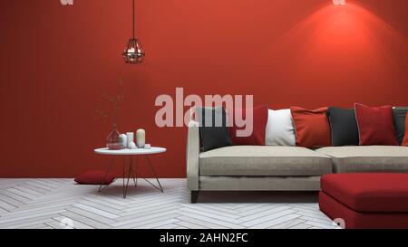 soggiorno in stile rosso moderno di 3d rendering con decor minimale Foto Stock