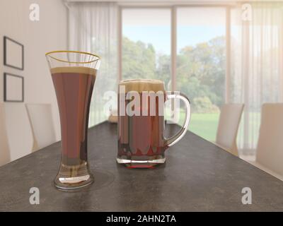 3d rendering profondità di campo bella birra bicchieri in bianco sala da pranzo con bella vista verde Foto Stock