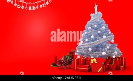 3D rendering White Christmas tree con dono e decor in sfondo rosso con spazio per mettere parole su Foto Stock