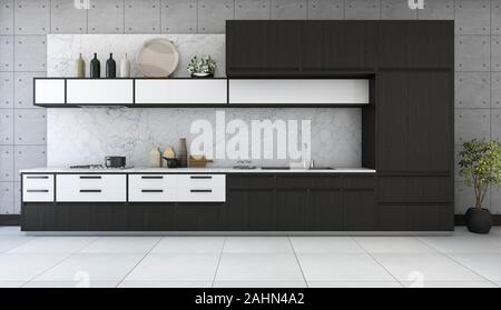 3D rendering minimo e cucina retrò in design loft Foto Stock