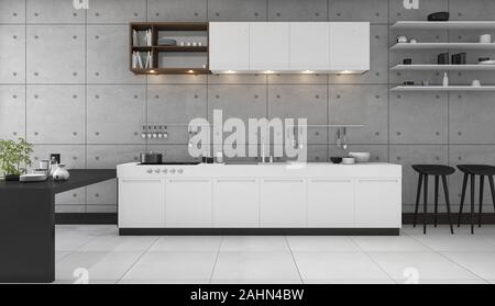 3D rendering loft cucina e sala da pranzo con un design moderno Foto Stock