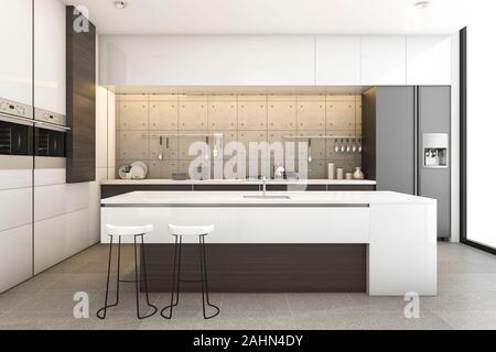 3D rendering di legno moderni loft e cucina con sala da pranzo bar Foto Stock