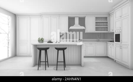 3D rendering classico bianco cucina Foto Stock