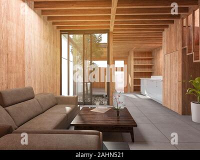 3D rendering giapponese soggiorno casa di stile con decor in legno Foto Stock