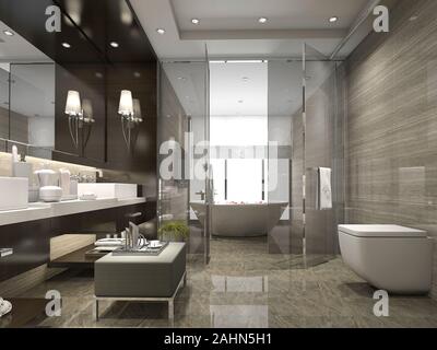 3D rendering moderno e lussuoso bagno e wc Foto Stock