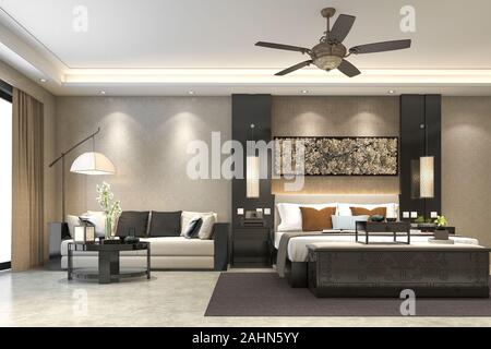 3D rendering di lusso tropicale moderno camera da letto suite in hotel Foto Stock