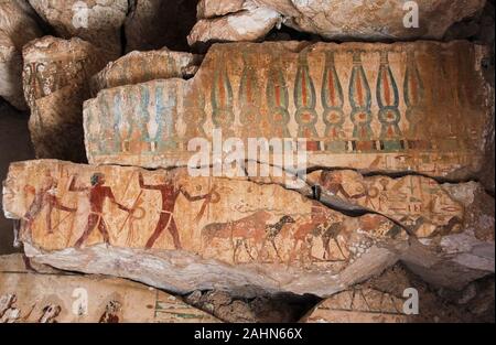 Medio Egitto Deir el Bersha, la tomba di Djehutyhotep date dal Regno di Mezzo. Sala principale, distrutto il muro, pastori portano i loro animali. Foto Stock