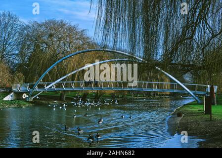La gente a guardare le anatre da Bedford butterfly bridge in una fredda giornata invernale e nel mese di dicembre Foto Stock