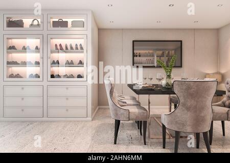 3D rendering lusso moderno sala da pranzo con sacco e cabinet per cassoncino di pulizia Foto Stock