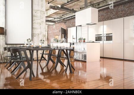3D rendering stile industriale con cucina in legno nero e zona pranzo Foto Stock