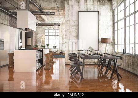 3D rendering stile industriale con cucina in legno nero e zona pranzo Foto Stock