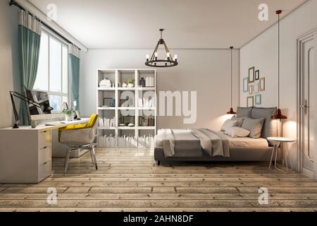 3D rendering vintage camera da letto con tavolo di lavoro Foto Stock
