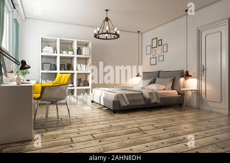 3D rendering vintage camera da letto con tavolo di lavoro Foto Stock