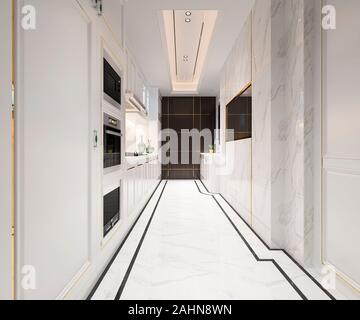 3D rendering classico bianco cucina con design di lusso Foto Stock