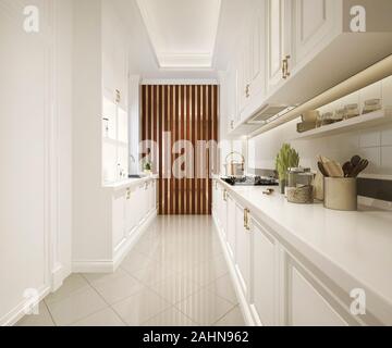 3D rendering classico bianco cucina con design di lusso Foto Stock
