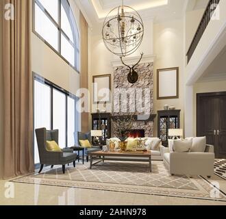 Il rendering 3d e lusso moderno classico soggiorno con stile europeo Foto Stock