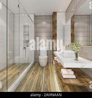 Rendering 3d bagno moderno con piastrelle di lusso e decorazione