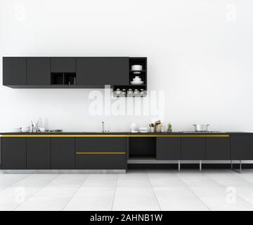3D rendering minimo e cucina retrò in design loft Foto Stock