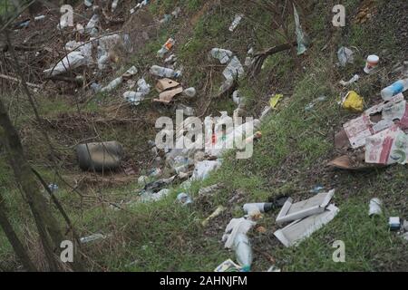 Dump elementare immondizia di plastica sul ciglio della strada vicino alla periferia della foresta. Inquinamento dell'ambiente con plastica e altri rifiuti. Foto Stock