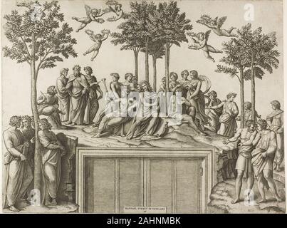 Marcantonio Raimondi. Apollo su Parnassus. 1517-1520. L'Italia. Incisione su avorio carta vergata questo Marcantonio Raimondi dopo incisione di Raffaello affresco in Vaticano Stanza della Segnatura era probabilmente il punto di partenza per la vicina Parnassus profanato (2015.8). Sebbene con la eccezione di Apollo, nessuna specifica dèi o muse sono identificati in entrambe il Marcantonio stampa o il dipinto di Raffaello, mortal poeti come Dante Alighieri in funzione entrambi. In contrasto, in Parnaso profanato l'anonimato regna. Il inebriato, lussuriosi poeti e Muse strappare loro corone di alloro in una frenesia come essi enga Foto Stock