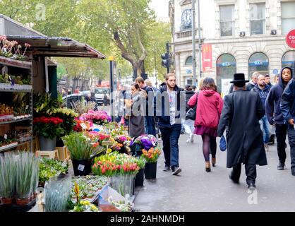 Strada trafficata in Holborn, Londra Centrale, con angolo flower stand, e persone che camminano da. Foto Stock