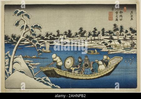 Keisai Eisen. Vista in lontananza la neve sul Fiume Sumida in Edo. 1835-1849. Il Giappone. Colore stampa woodblock; oban Foto Stock