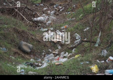 Oblast di Kherson, Ucraina, l'Europa orientale. 26 Mar, 2019. Dump elementare immondizia di plastica sul ciglio della strada vicino alla periferia della foresta. Inquinamento dell'ambiente con plastica e altri rifiuti. Residui di plastica sul prato tra gli alberi. Plastica ambientale inquinamento è problema ecologico. Oblast di Kherson, Ucraina, Europa orientale Credito: Andrey Nekrasov/ZUMA filo/Alamy Live News Foto Stock