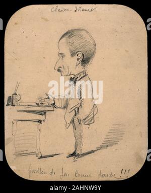 Claude Monet. La caricatura di un uomo in piedi da scrivania (recto); schizzo della testa maschio nel profilo (verso). 1855-1856. La Francia. Grafite (recto e verso) sul preparato commercialmente carta velina avorio card (scolorito a tan) Foto Stock