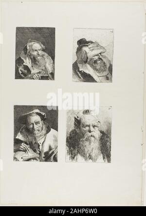 Giovanni Domenico Tiepolo. Uomo vecchio con un libro, un uomo vecchio con il suo cappello sulla sua fronte, il matematico, uomo vecchio con la barba. 1775. L'Italia. Quattro incisioni su avorio di cui la carta Foto Stock